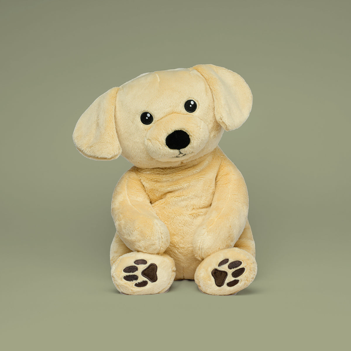 Beige Hugsback verzwaringsknuffel hond, vooraanzicht op groene achtergrond