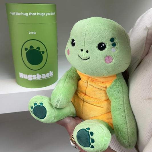 Groene Hugsback verzwaringsknuffel schildpad naast de groene cadeaukoker