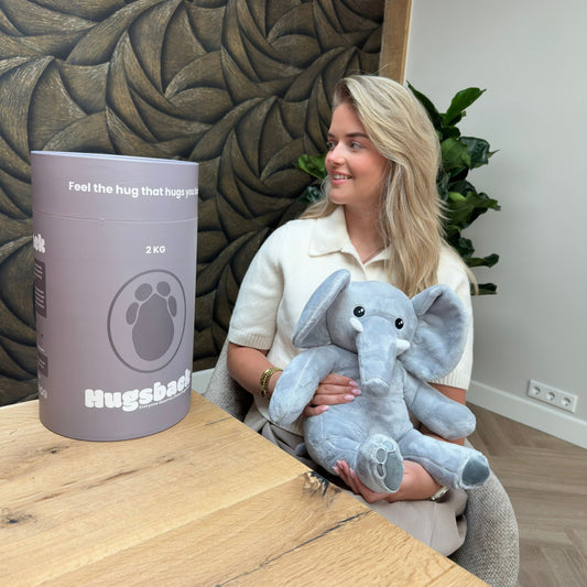 Giovane donna a tavola con l'elefante Hugsback in grembo vicino al tubo regalo grigio