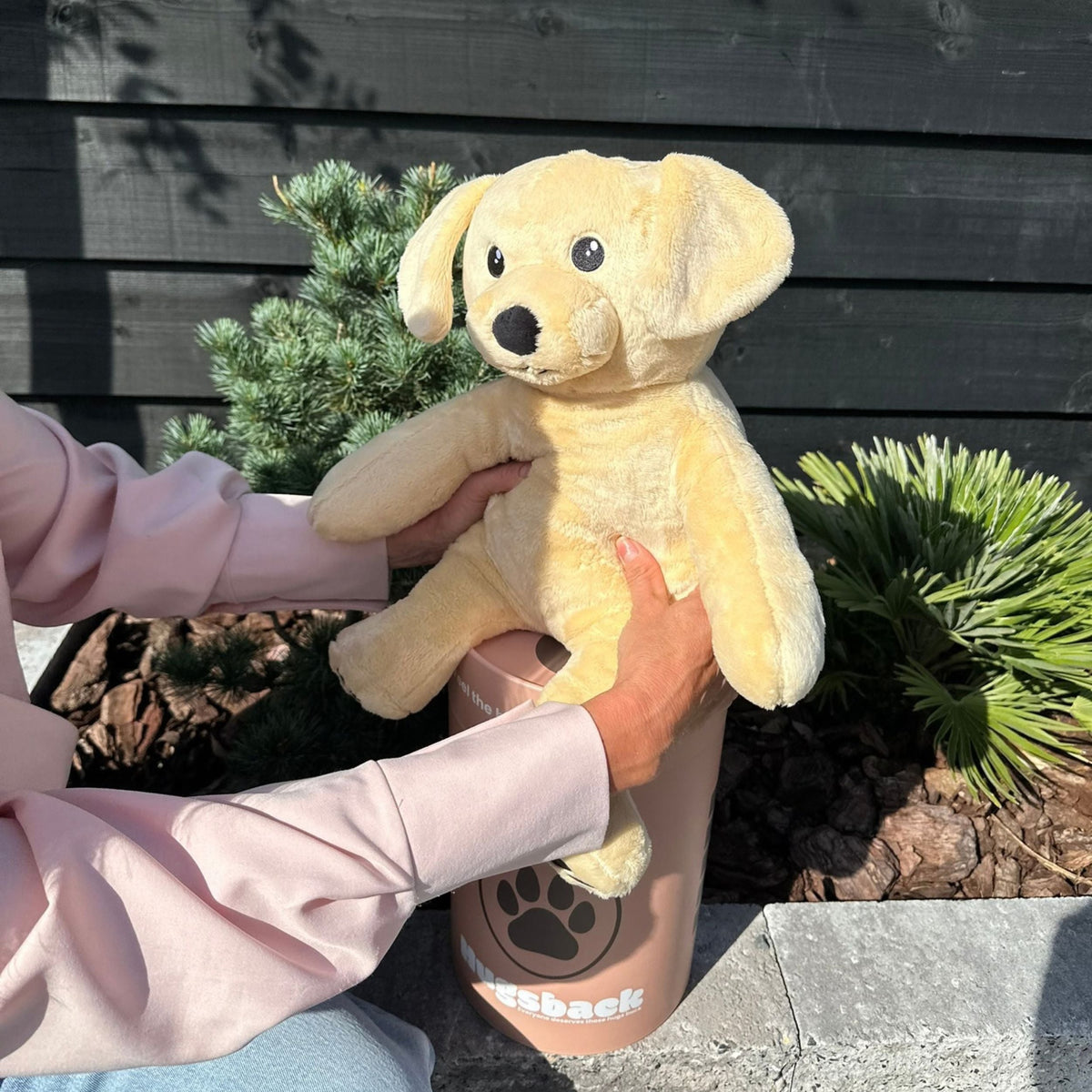 Hände halten das beige Hugsback Gewichtskuscheltier Hund im Garten