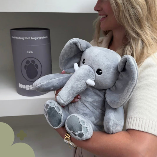 Personne tenant la peluche lestée éléphant Hugsback grise dans ses bras à côté du tube cadeau gris