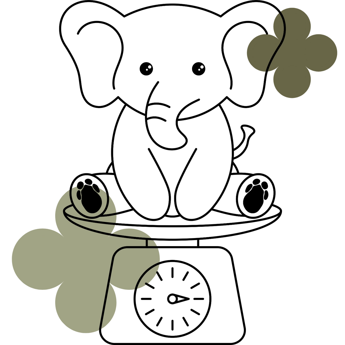 Lijntekening van een olifantje op een weegschaal met groene klavervormen