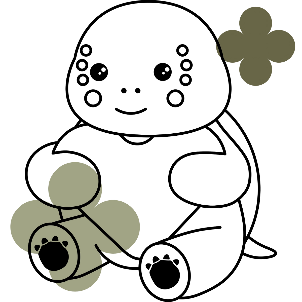 Lijntekening van een schildpadje met een hartje en groene klavervormen