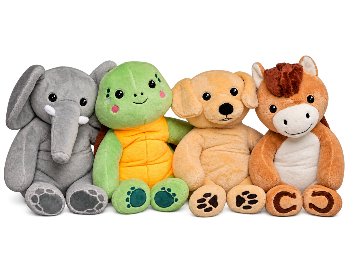 The four Hugsback weighted plushies elephant, turtle, dog and horse side by side on a white background