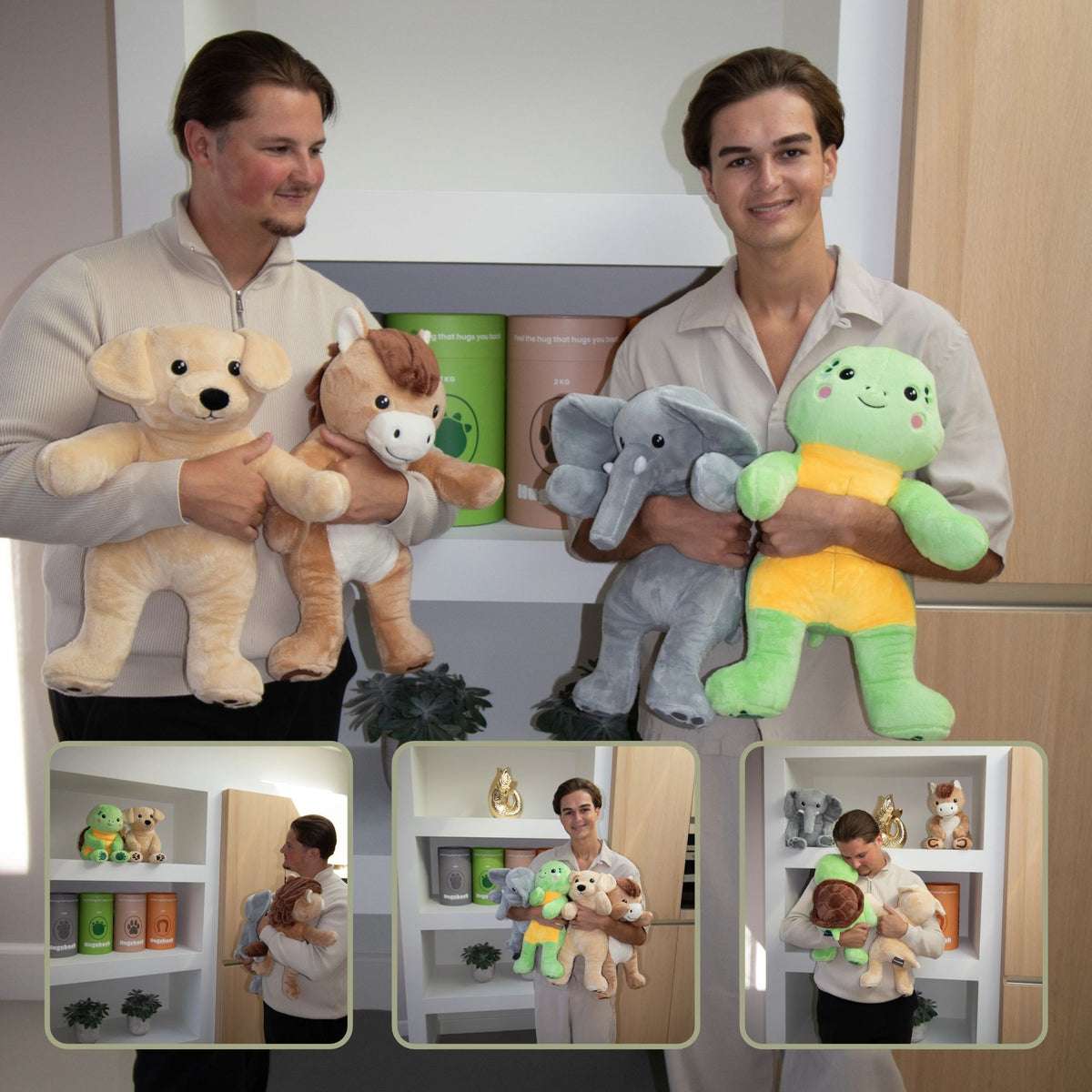 Zwei junge Männer mit allen vier Hugsback Gewichtskuscheltieren, mit drei kleinen Fotos des Schranks