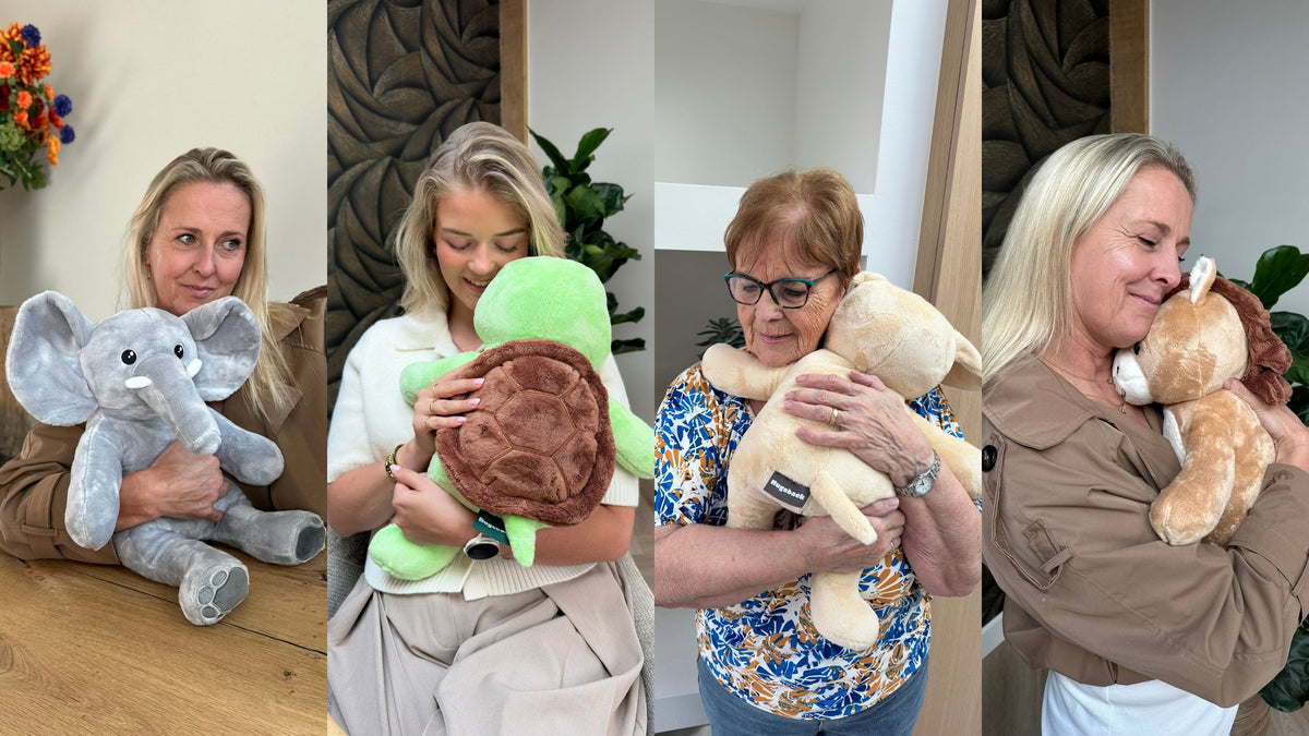 Collage af fire kvinder med Hugsbacks tyngdebamser elefant, skildpadde, hund og hest