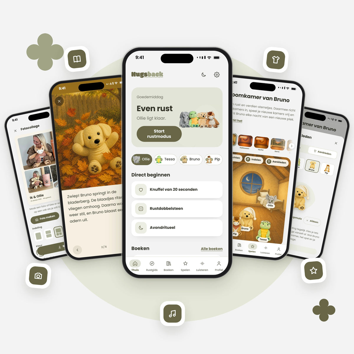 Alles in één app: vijf telefoons met schermen uit de Hugsback-app, zoals de fotocollage, een voorleesverhaal, het beginscherm, de Droomkamer en knuffel aankleden