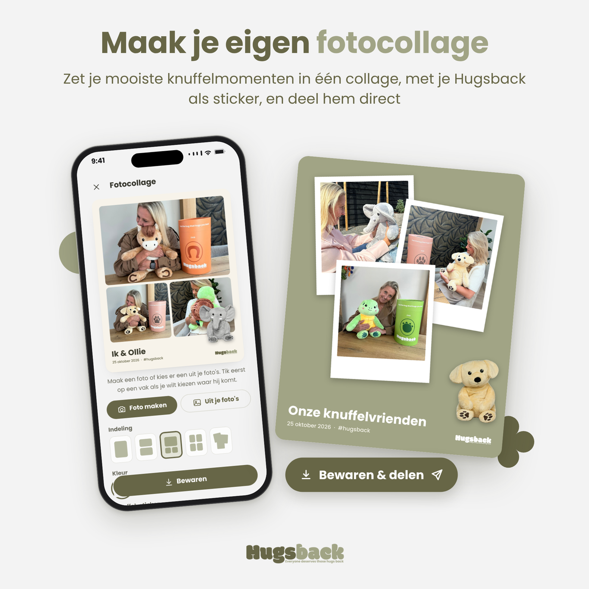 Make your own photo collage in the Hugsback app: phone with the collage maker and a collage of cuddle moments with the Dog as a sticker, ready to save and share