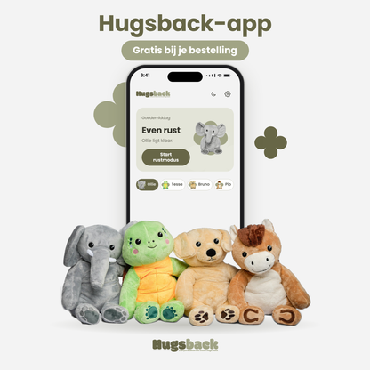 Hugsback app, free with your order: phone showing the app home screen with the four weighted stuffed animals Elephant, Turtle, Dog and Horse
