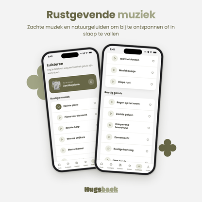 Calming music in the Hugsback app: soft music and nature sounds to relax or fall asleep to