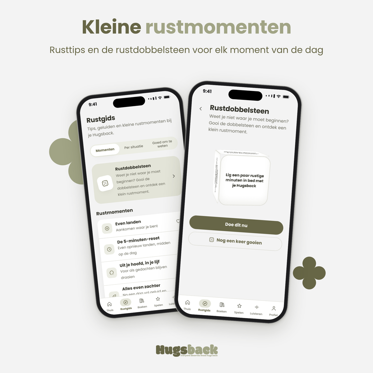 Little calm moments in the Hugsback app: calm tips and the calm dice for every moment of the day