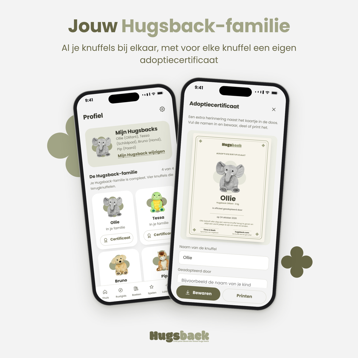 Your Hugsback family in the app: all your plushies together, each with its own adoption certificate