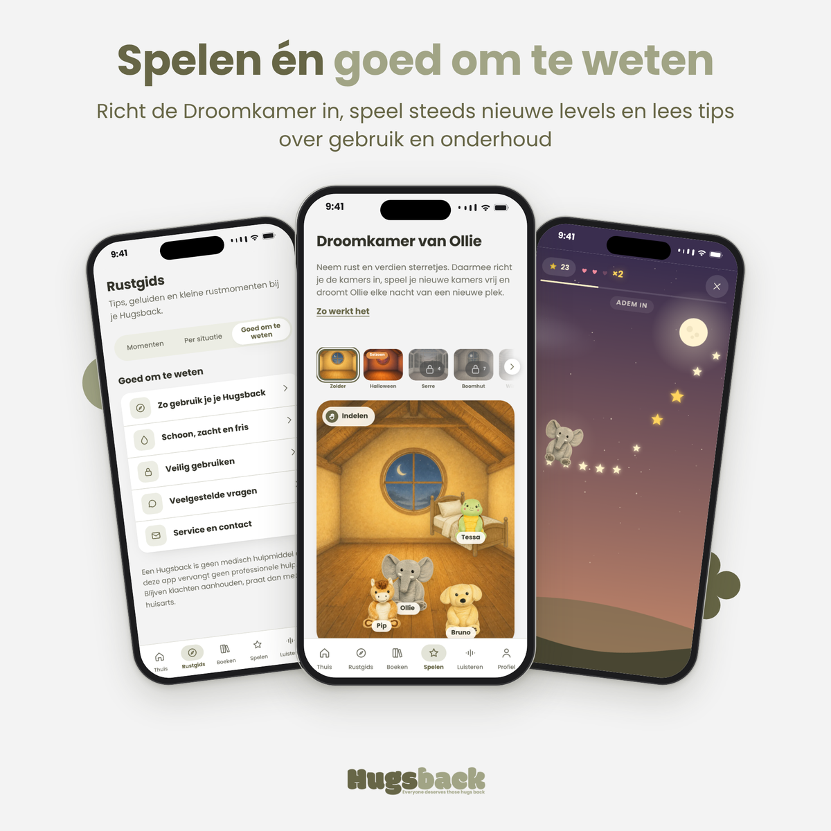 Play and good to know in the Hugsback app: decorate the Dream Room, play new levels and read tips on use and care