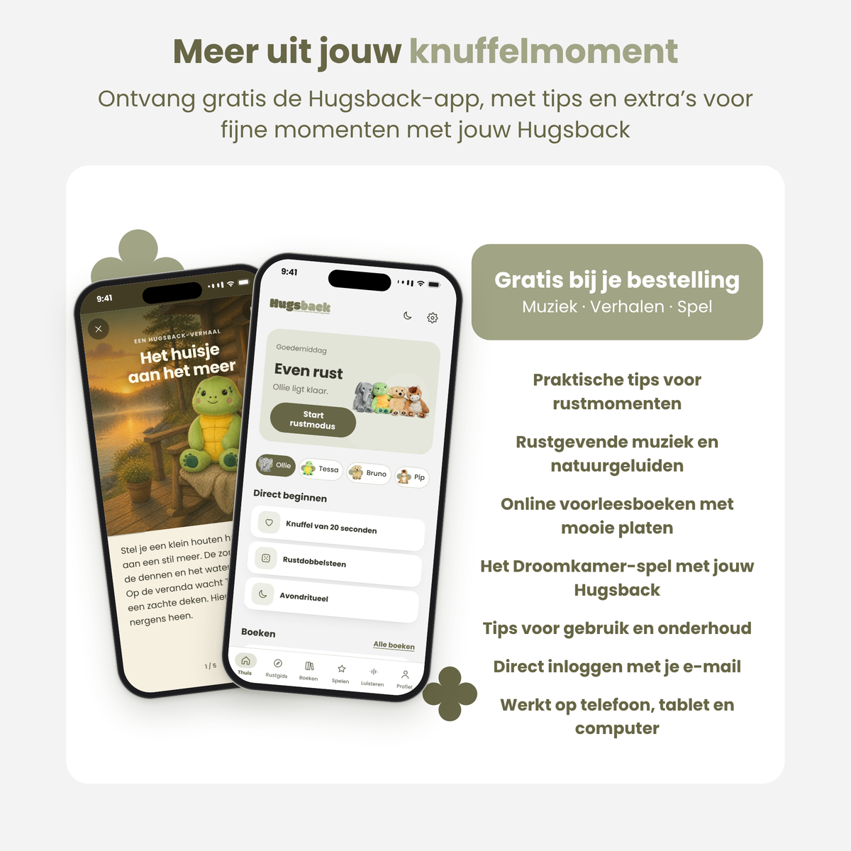 Twee telefoons met de Hugsback-app: het voorleesverhaal Het huisje aan het meer en het beginscherm