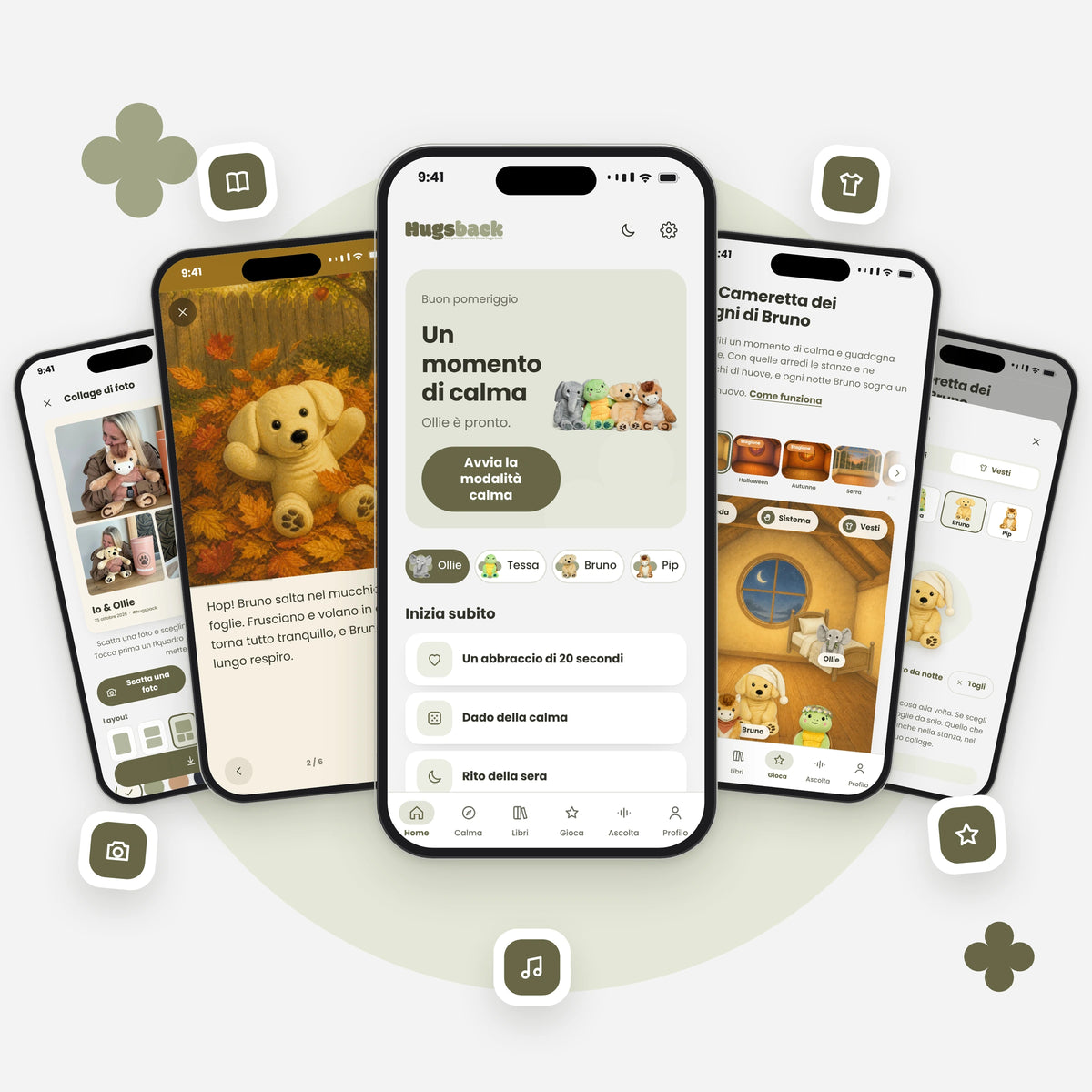 Tutto in una app: cinque telefoni con schermate dell'app Hugsback, tra cui il collage di foto, una storia illustrata, la schermata iniziale, la Cameretta dei sogni e i vestiti per il peluche