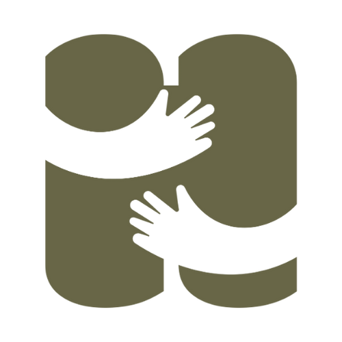 Het Hugsback logo met omarmende armen, symbool voor de rust, warmte en geborgenheid die de 2 kg verzwaringsknuffels bieden voor kinderen en volwassenen.