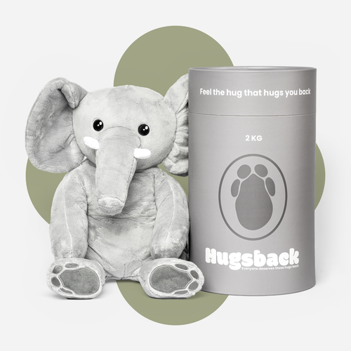 Hugsbacks tyngdebamse elefant på 2 kg ved siden af det grå gaverør