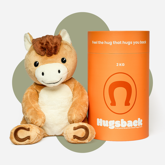 Hugsback verzwaringsknuffel paard van 2 kg naast de oranje cadeaukoker