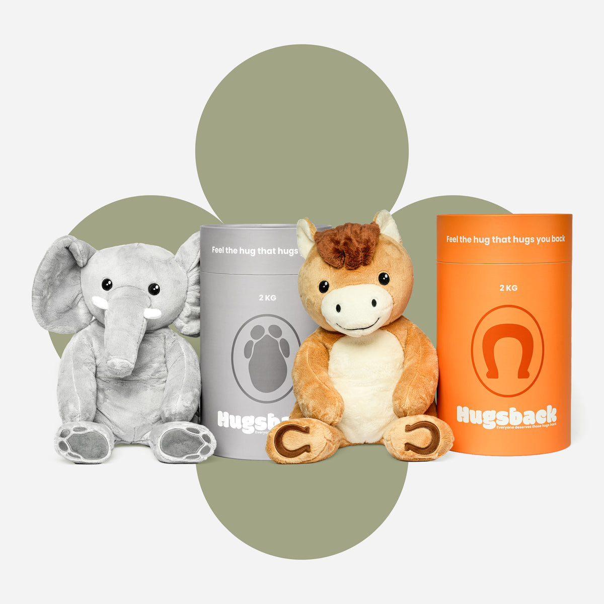 Bundle Hugsback Gewichtskuscheltiere Elefant und Pferd mit ihren Geschenkröhren