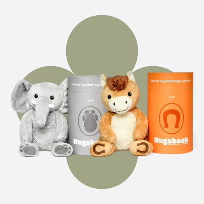 Bundle Hugsback Gewichtskuscheltiere Elefant und Pferd mit ihren Geschenkröhren