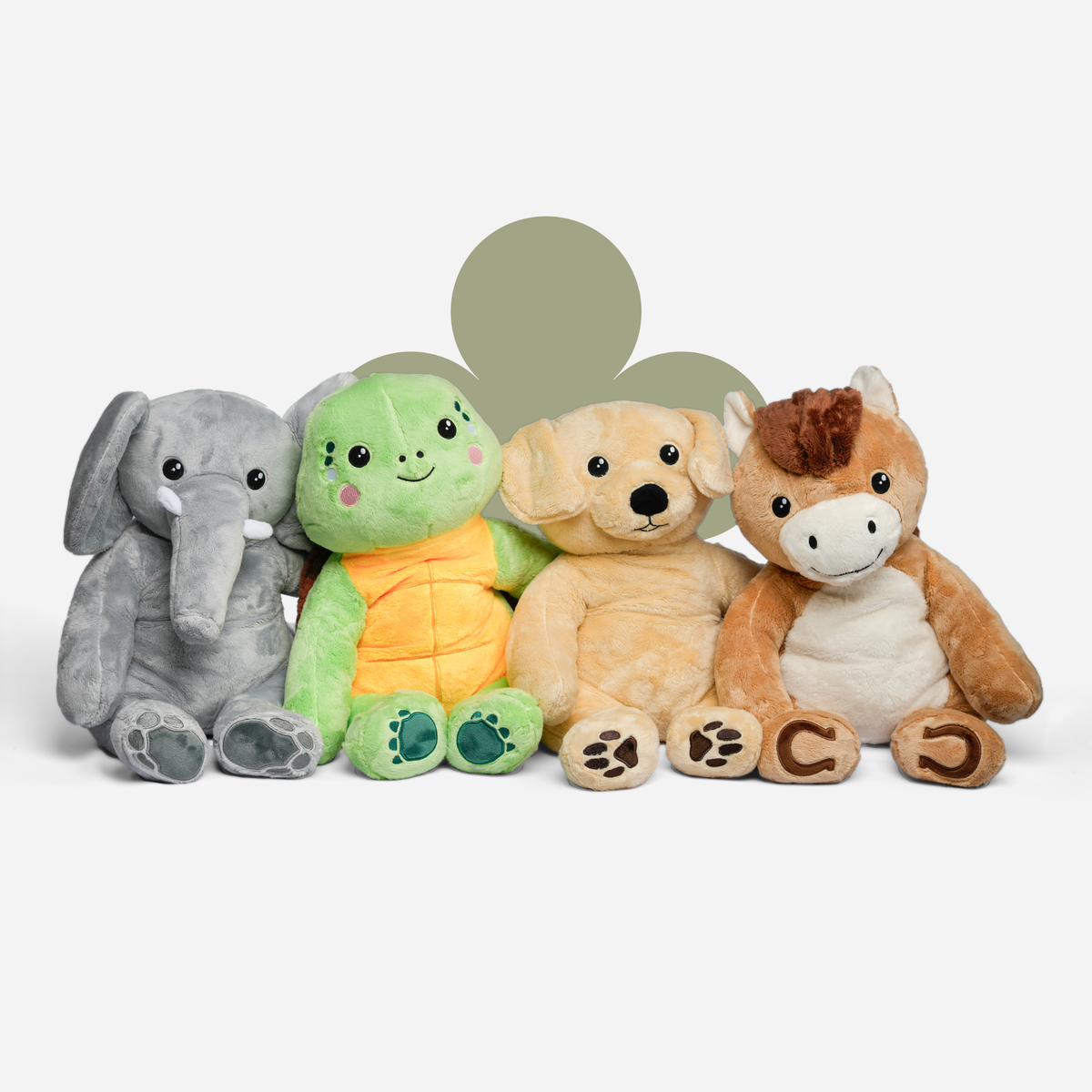 Komplet pakke med Hugsbacks tyngdebamser: elefant, skildpadde, hund og hest