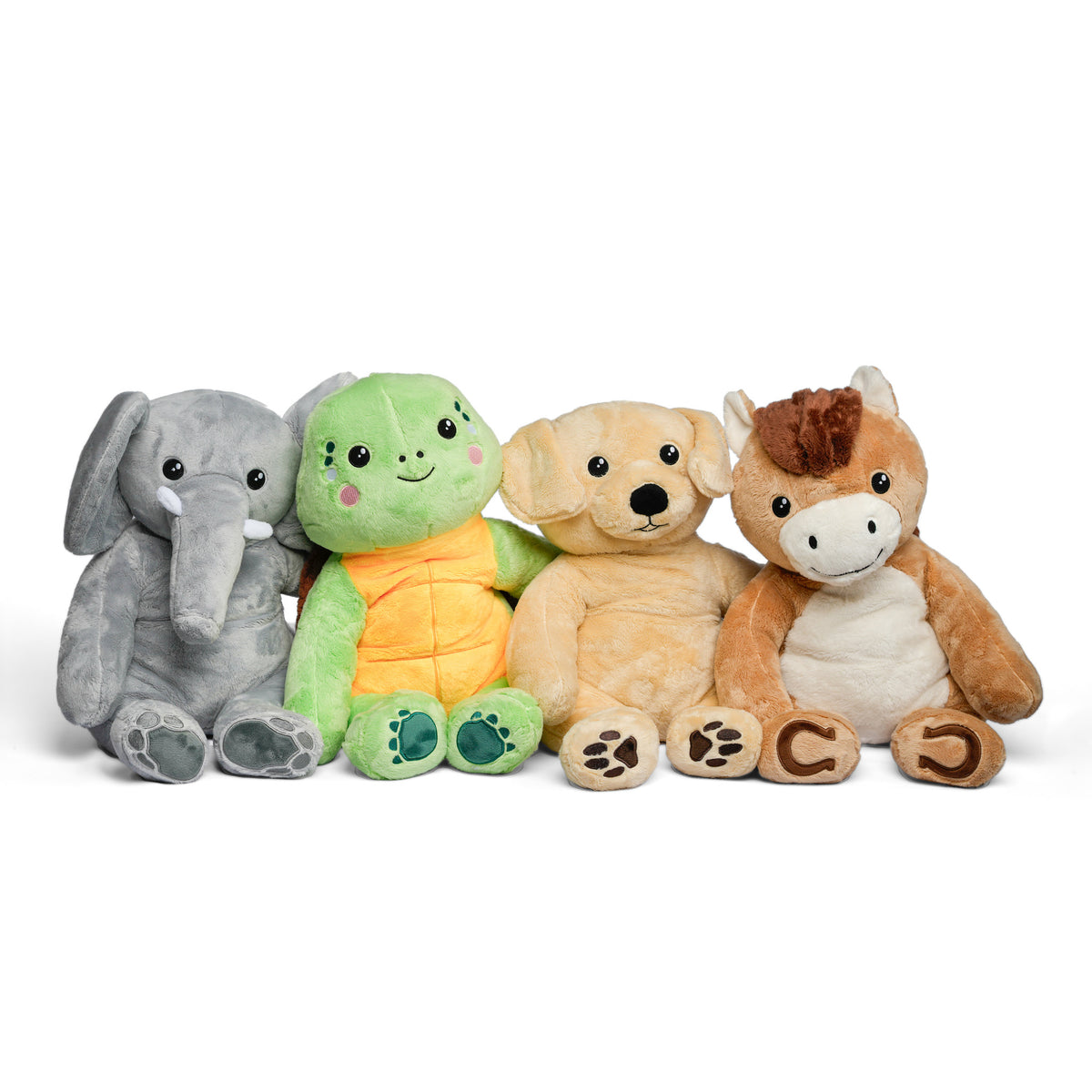 Komplet pakke med Hugsbacks tyngdebamser (elefant, skildpadde, hund og hest) på hvid baggrund