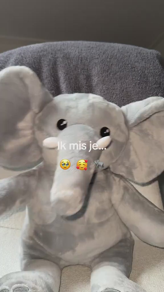 Video van de grijze verzwaringsknuffel olifant van dichtbij, met de tekst: ik mis je