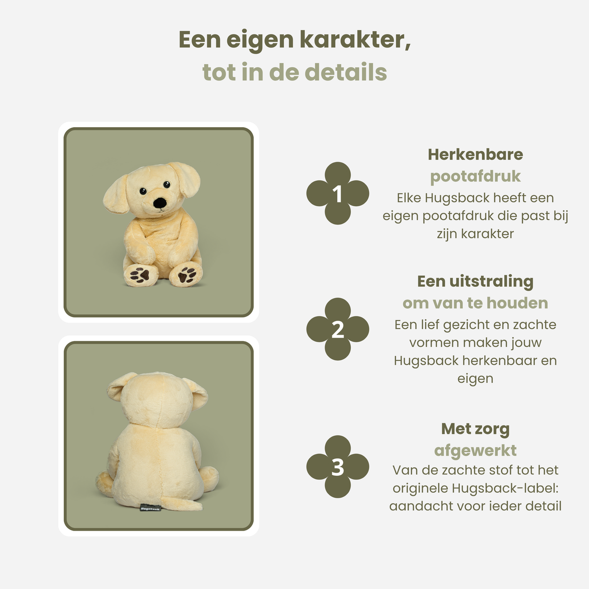 Detaljer på tyngdebamsen hund: poteaftryk, sødt lille ansigt og Hugsback-mærke