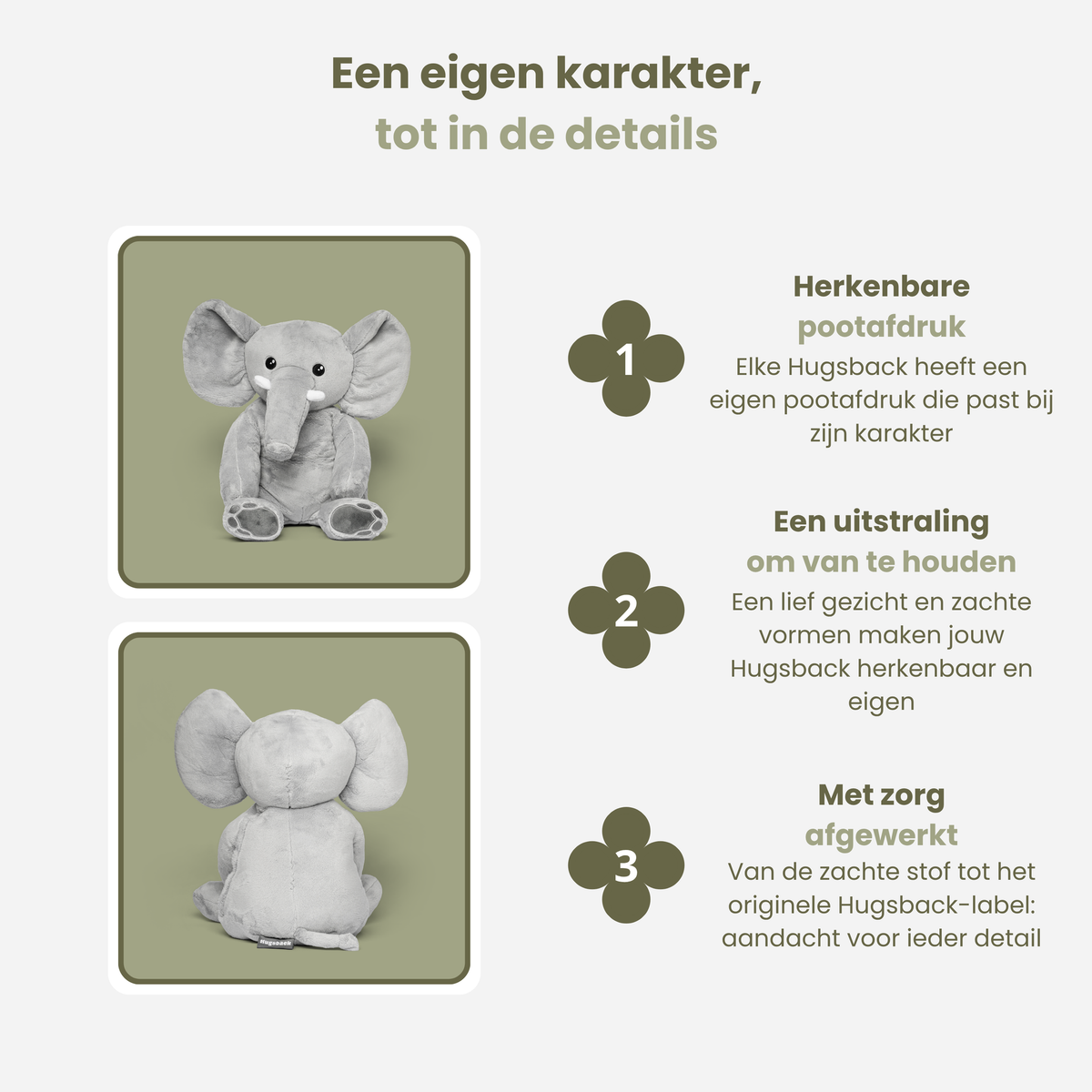 Detaljer på tyngdebamsen elefant: poteaftryk, store ører og Hugsback-mærke