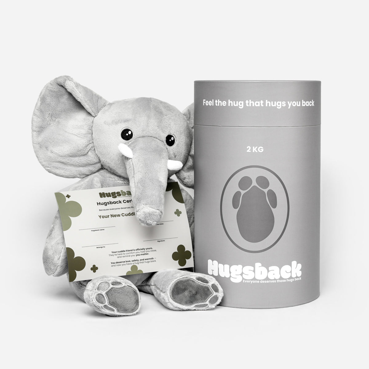 Tyngdebamsen elefant holder Hugsback-certifikatet ved siden af gaverøret