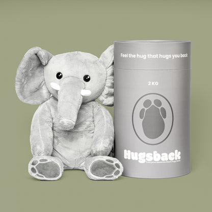 Tyngdebamsen elefant ved siden af det grå gaverør på grøn baggrund