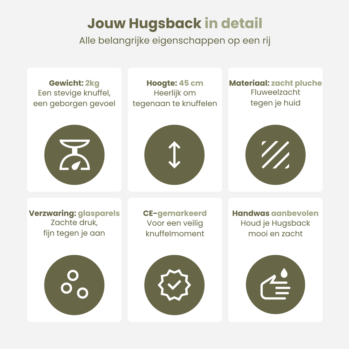 Specifikationer for tyngdebamsen elefant: 2 kg, 45 cm, blød plys, glasperler, CE-mærket