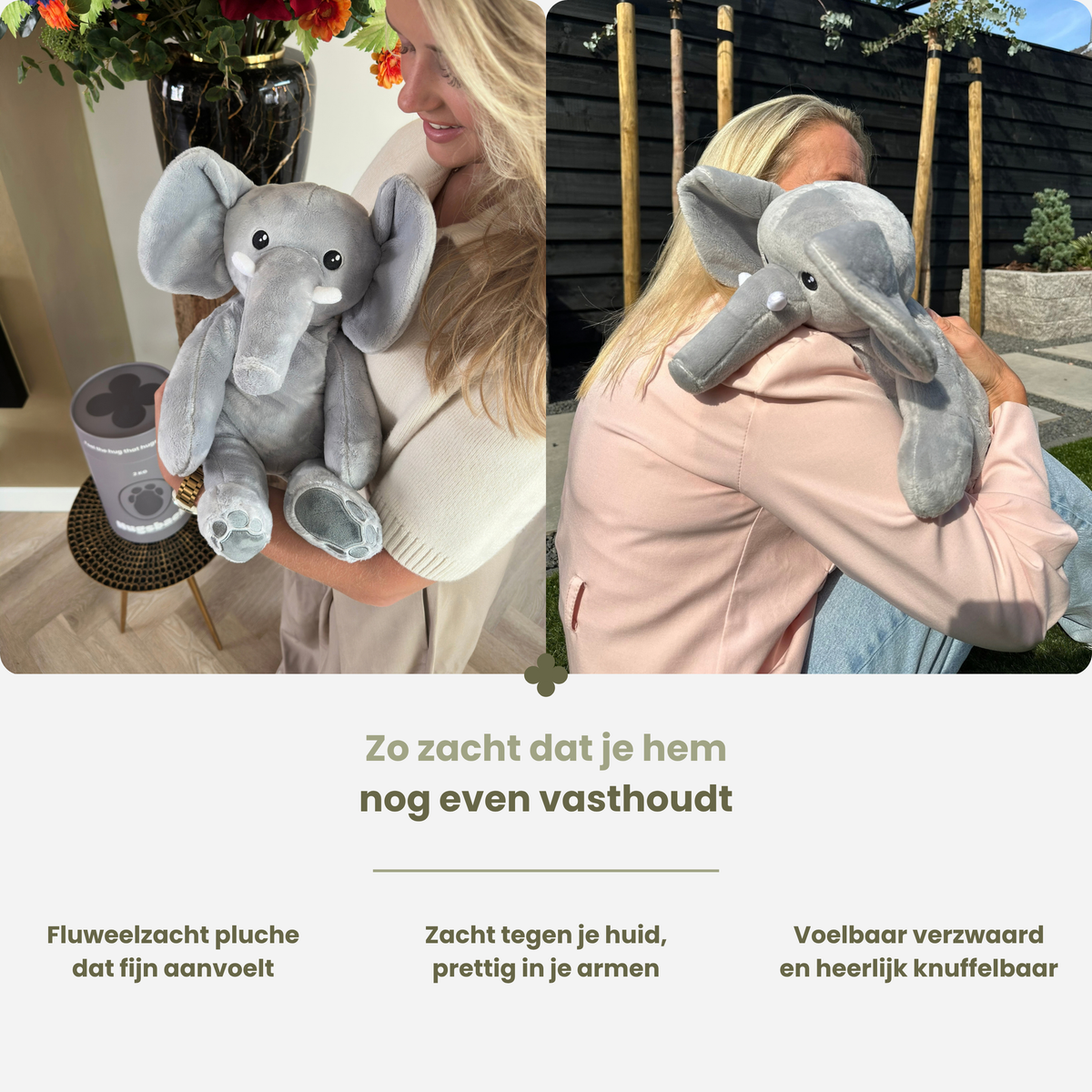 Kvinde holder den bløde tyngdebamse elefant, indendørs og udendørs