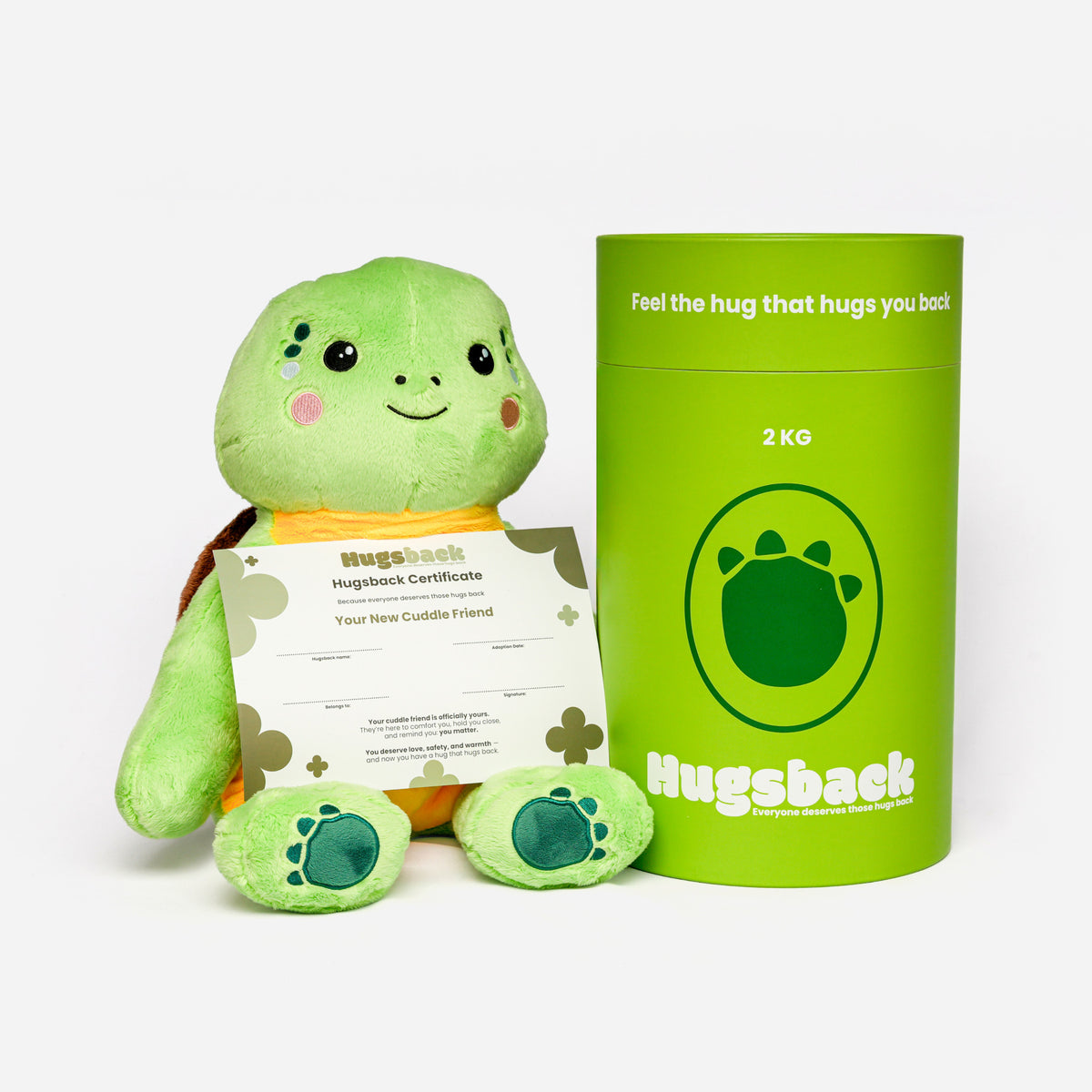 Tyngdebamsen skildpadde holder Hugsback-certifikatet ved siden af gaverøret