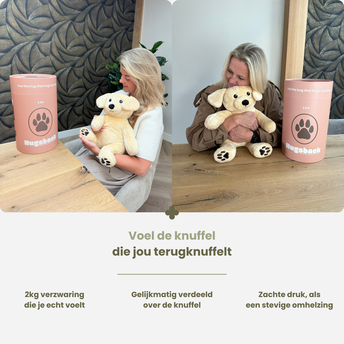 Kvinde krammer tyngdebamsen hund på 2 kg ved bordet
