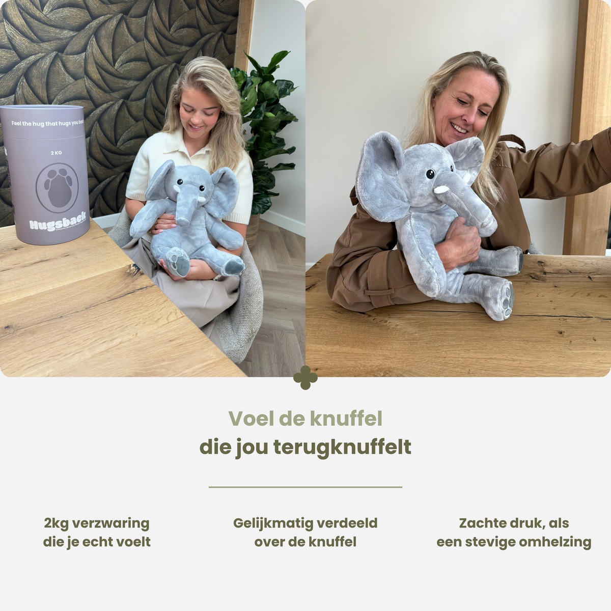 Kvinde krammer tyngdebamsen elefant på 2 kg ved bordet